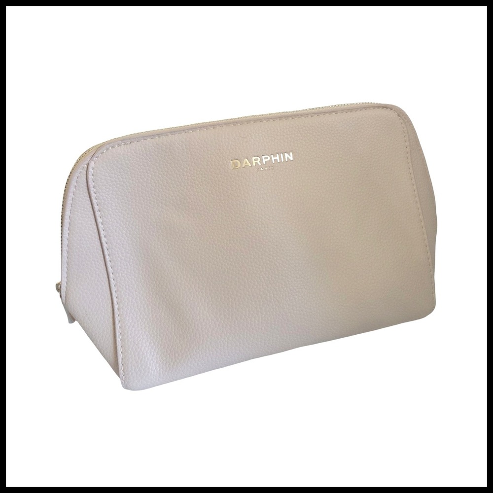 Darphin Paris Beige Pebbled Faux Leather Cosmetic Makeup Bag Travel Pouch Zip